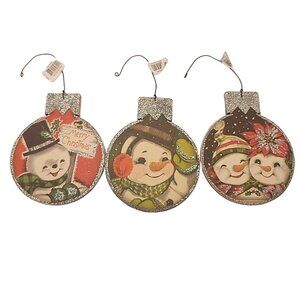 Set Of 3 Two Sided Glittery Wooden Christmas Ornaments Snowman & Holiday Sayings